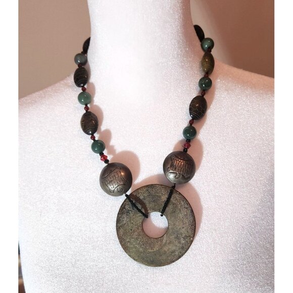 Vintage-Style Jade & Bronze Statement Necklace With Circular Pendant Lyn Foley - Picture 1 of 3